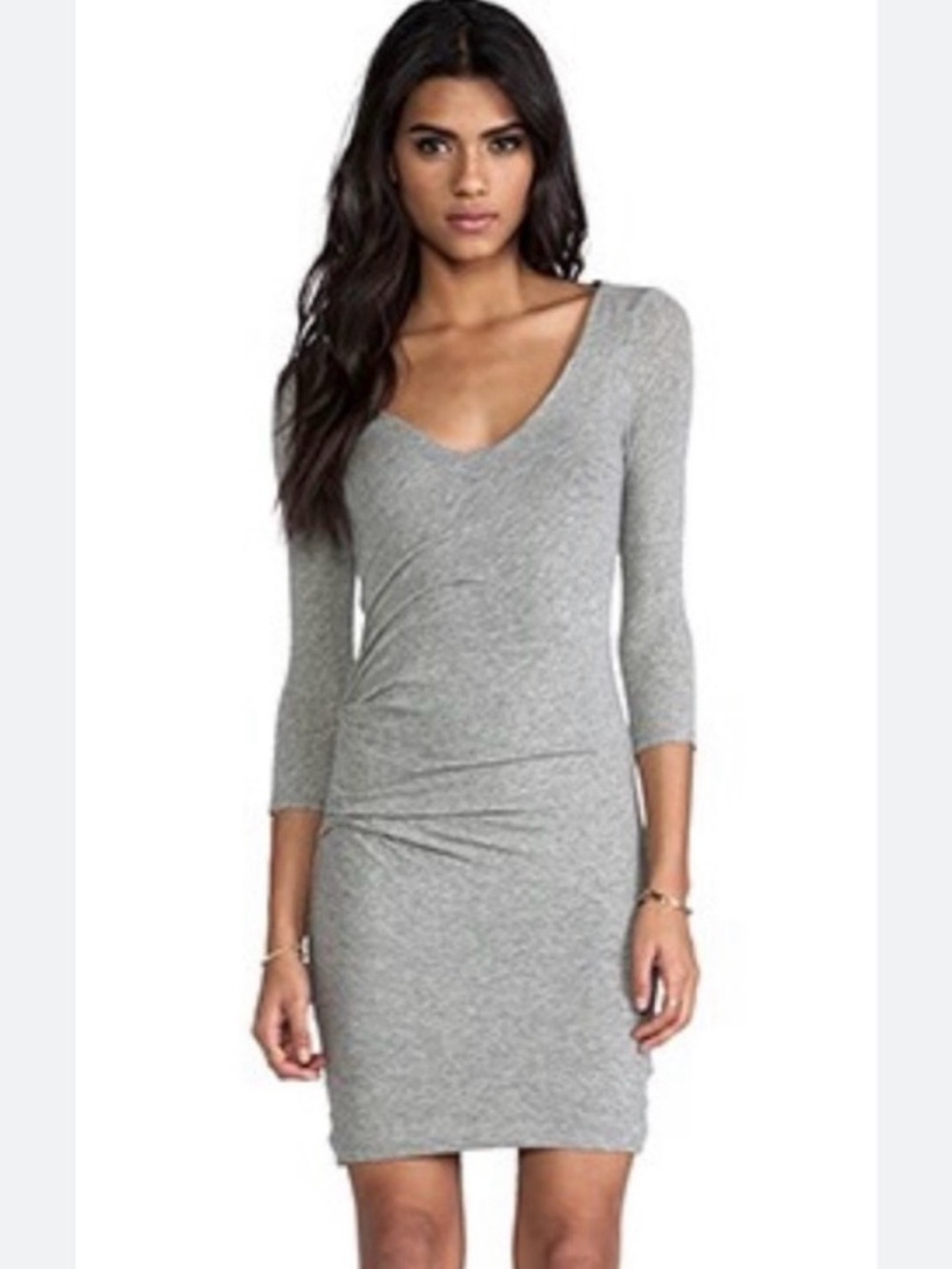 James Perse Womens Grey V-Neck 3/4 Sleeve Ruched Jersey Knit Mini Dress Sz 4~NWT